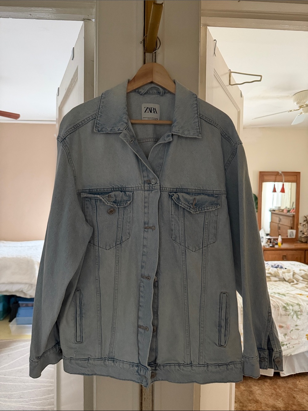 ZARA Oversized Light Wash Blue Denim Jacket with Chest Pockets